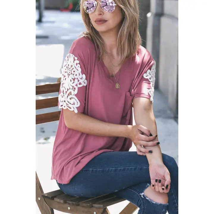 Lace Sleeve Detailed V Neck Pocket Top